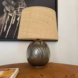 Vintage lamp in brassware René Delavan, pewter and raffia