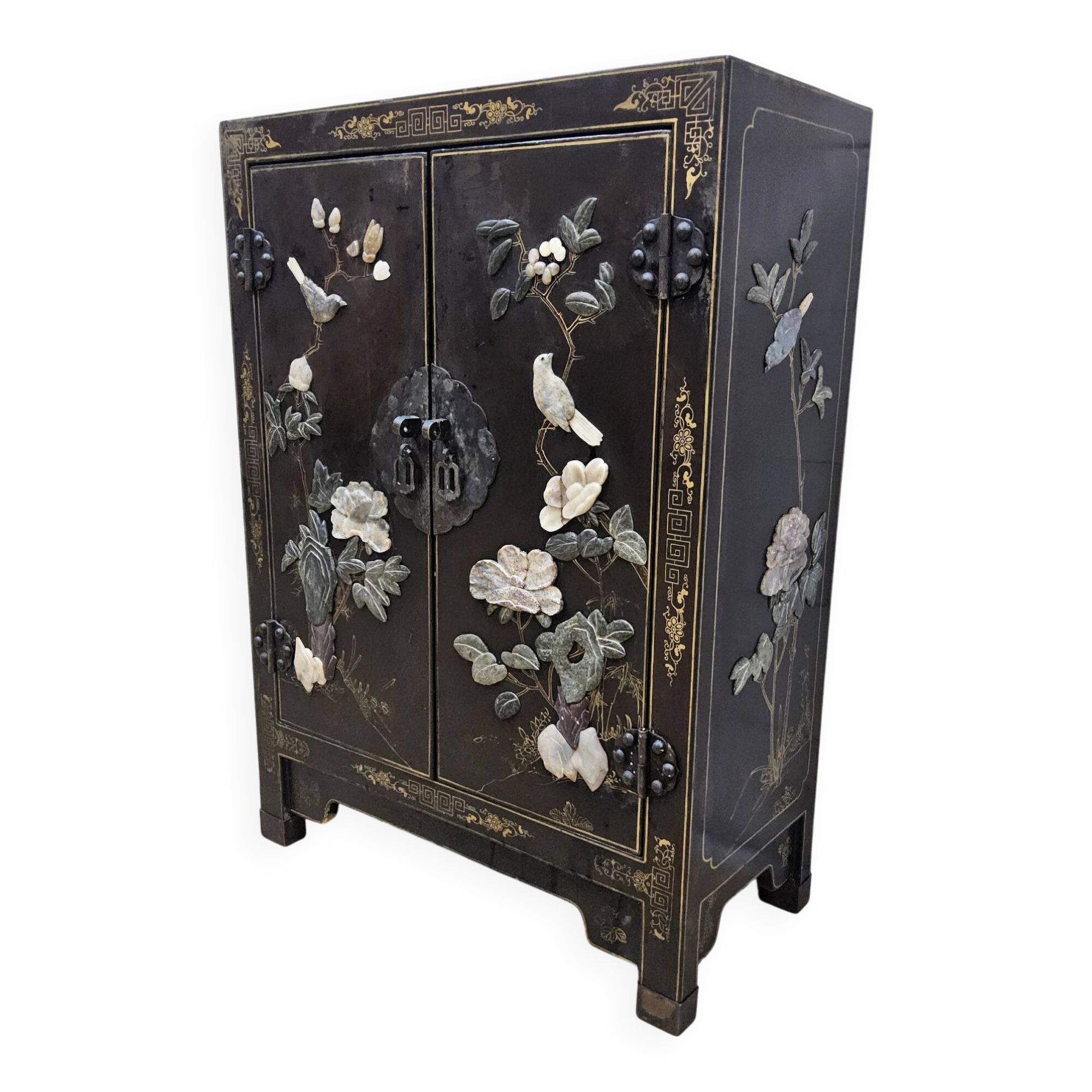 Cabinet laqué chinois vintage en pierre à savon, nacre / oiseaux