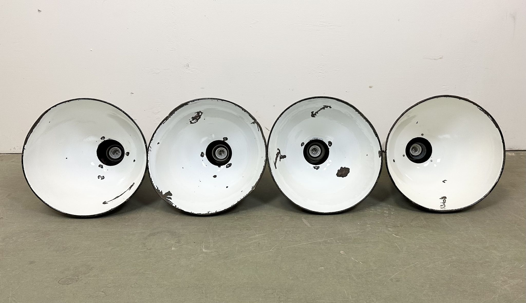 Set of 4 Industrial Bauhaus Black Enamel Pendant Lamps, 1960s