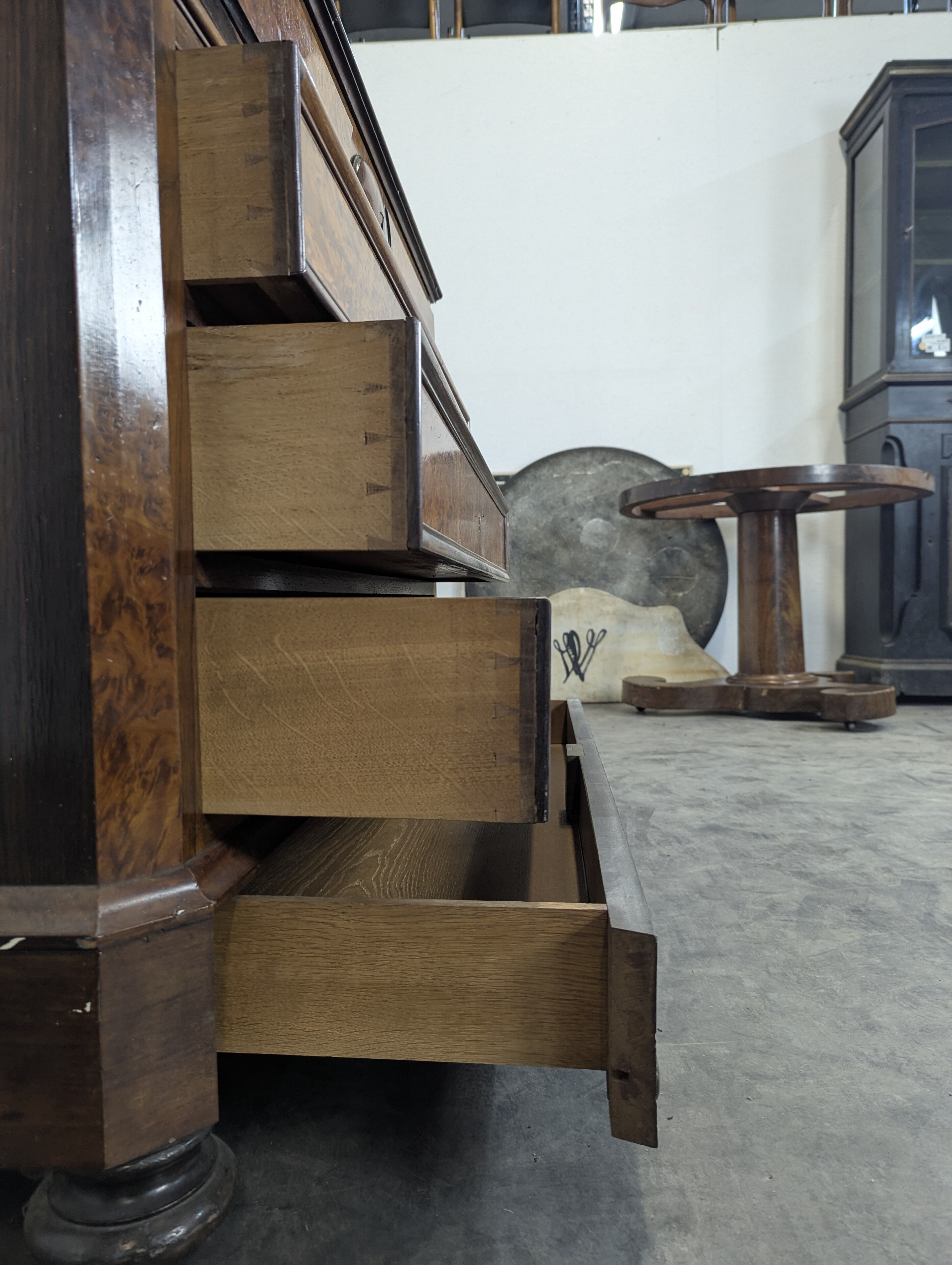 Elm burl and rosewood secretary chest of drawers