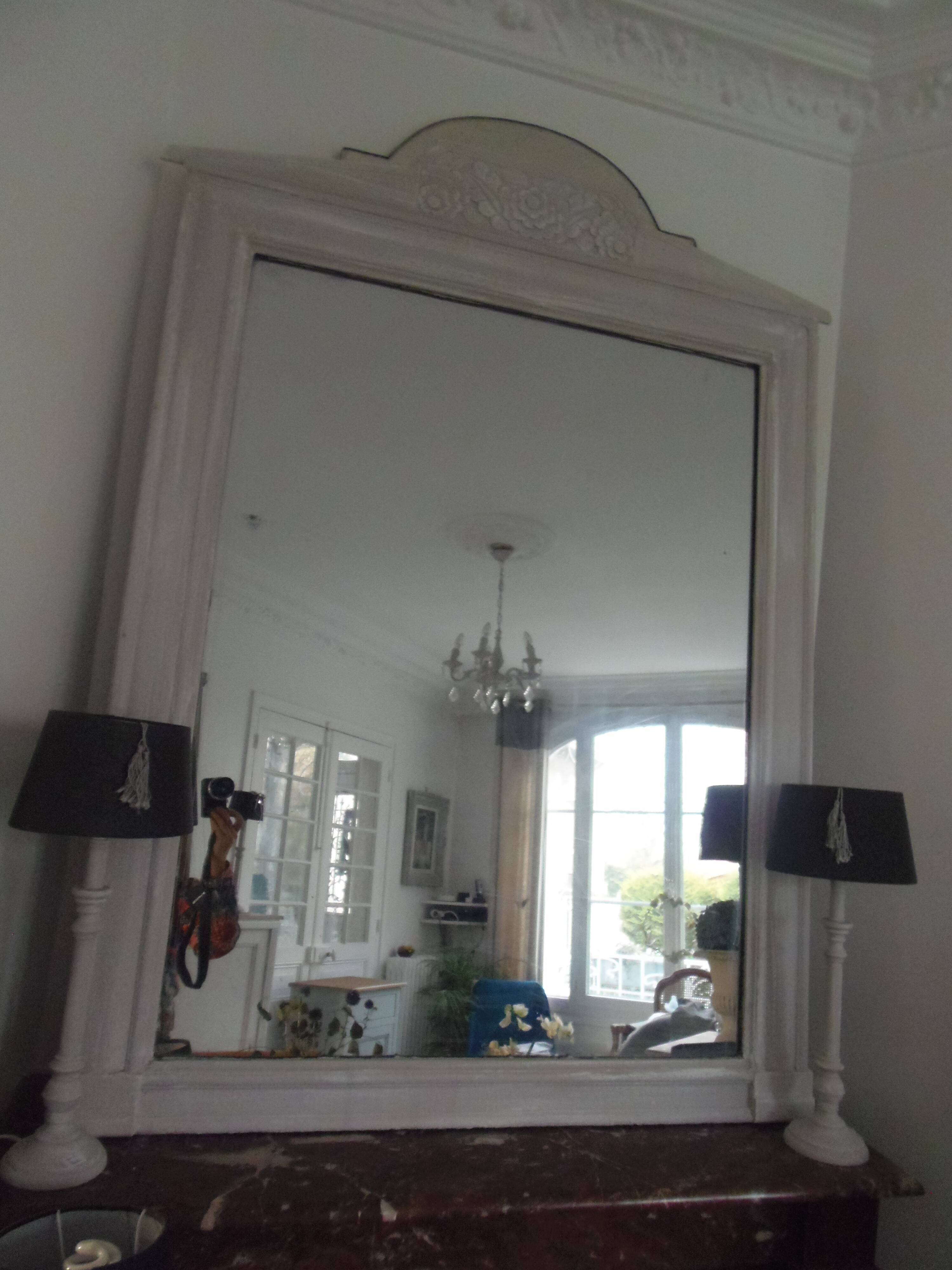 Antique trumeau mirror with pearl grey and powdered white patina