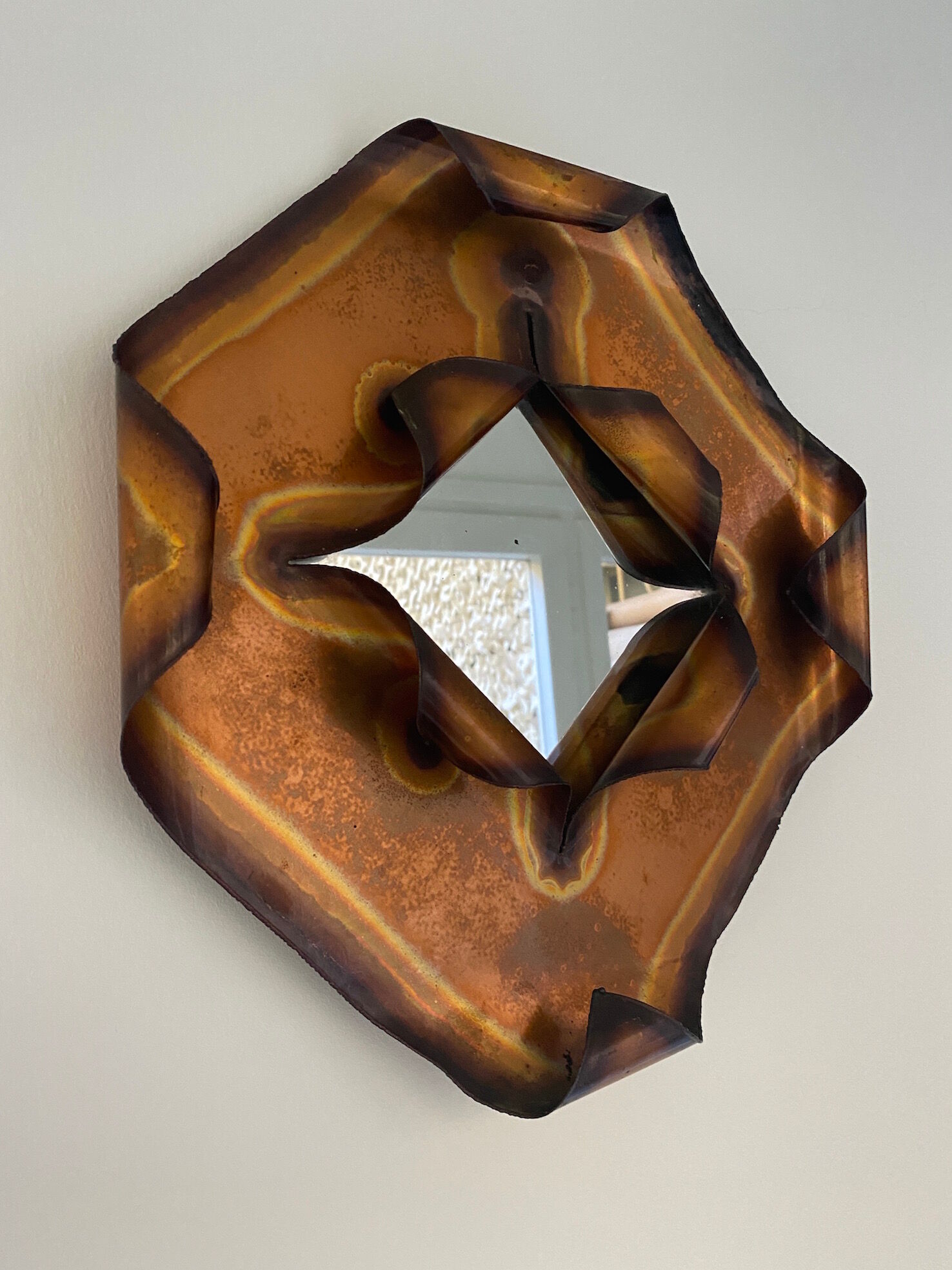 Brutalist mirror in copper foil vintage design of the 60s-70s