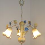 Vintage French 3 Light Chandelier with Blue & Yellow Leaf Glass Shades 5064
