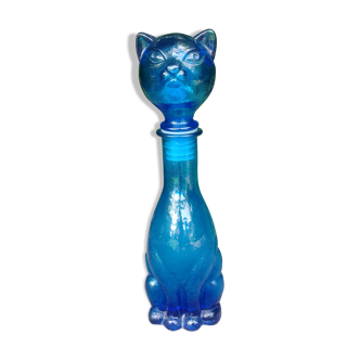Carafe en forme  de chat  en verre bleu Empoli vintage