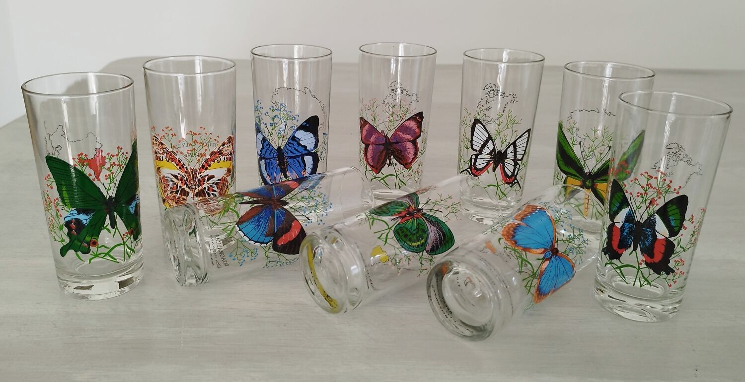 Verres à orangeade en verre décor papillon vintage