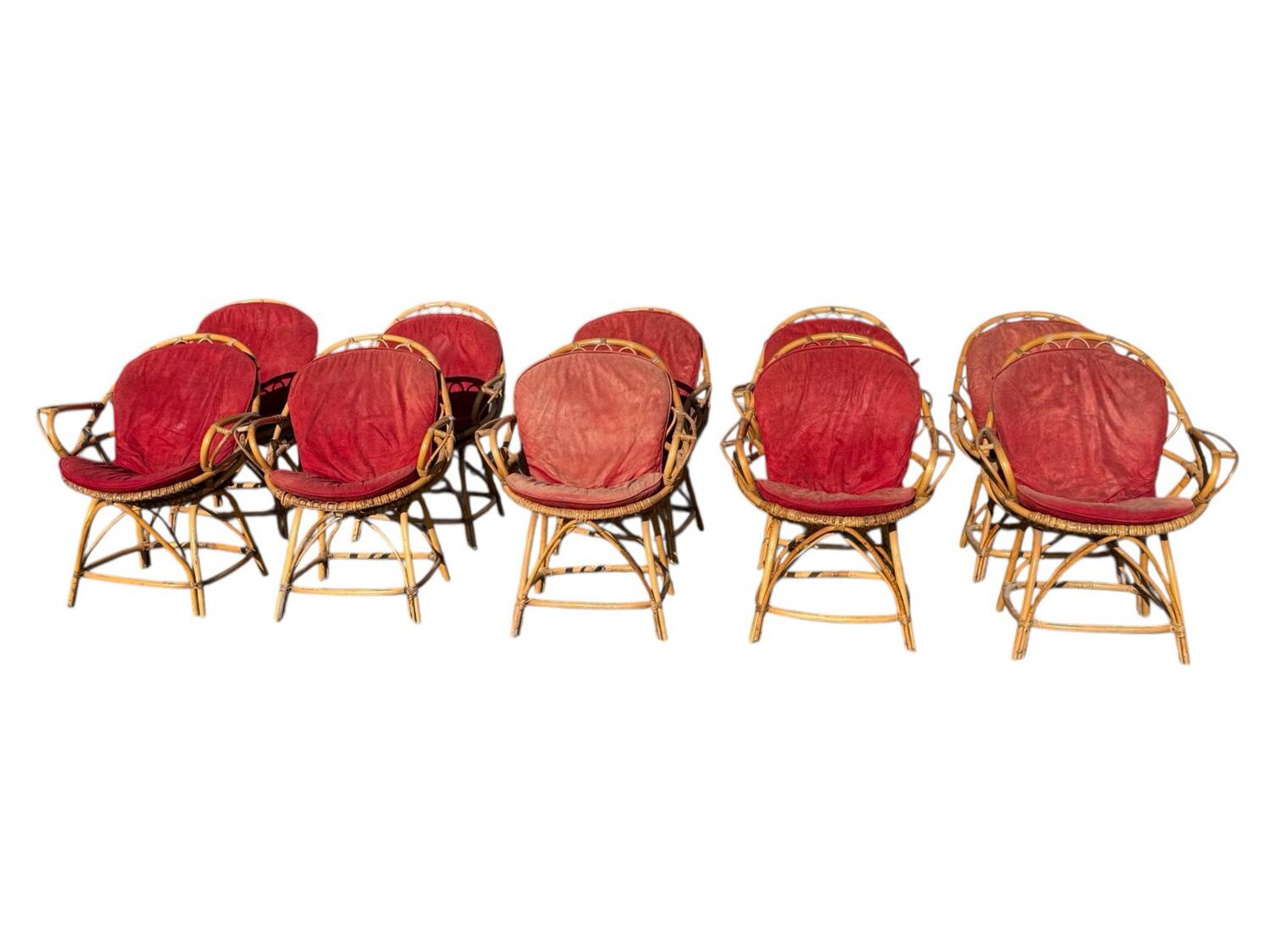 Set of 10 rattan armchairs from the 1960s, France.