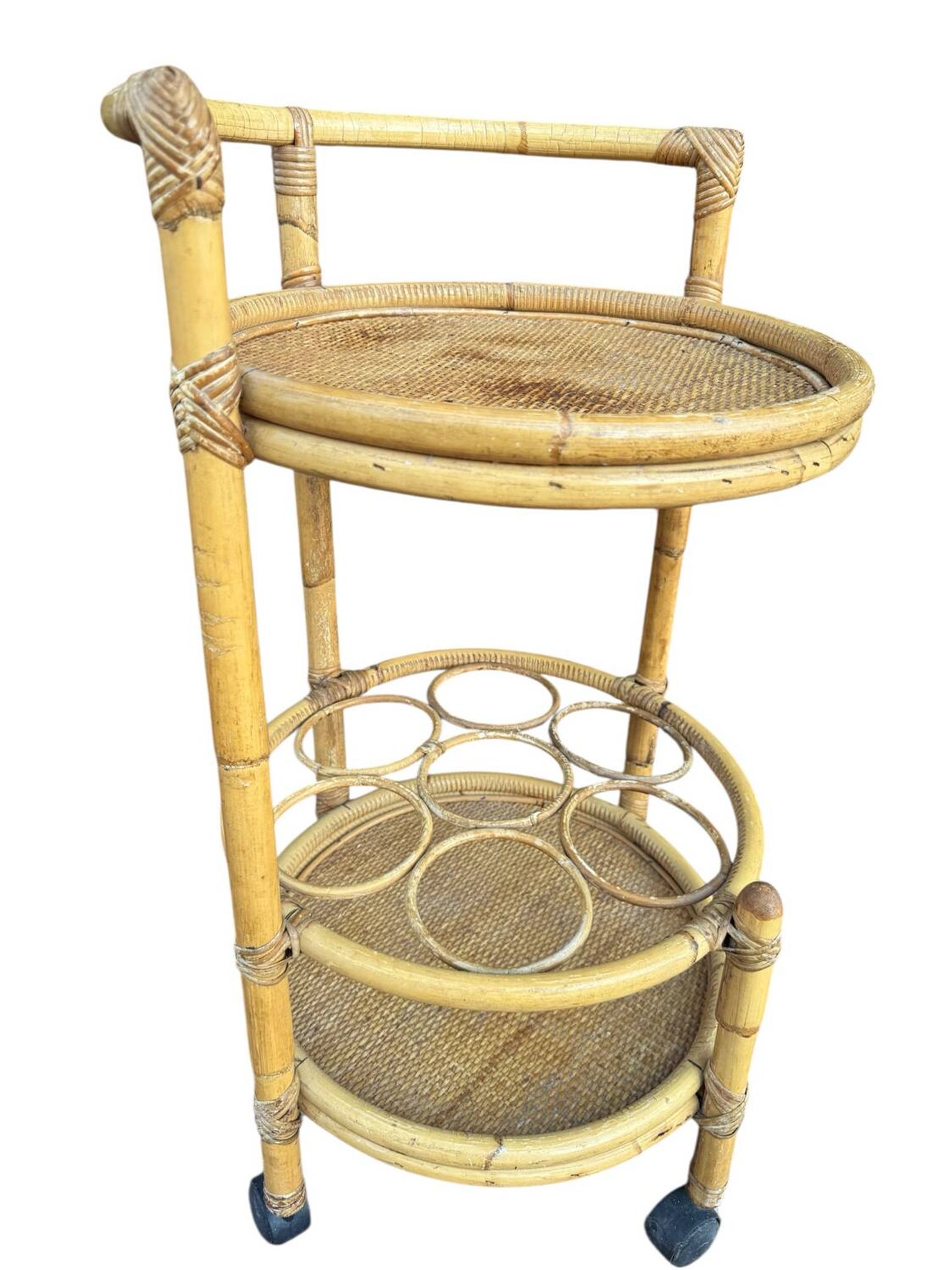 1960s rattan bottle holder rolling table
