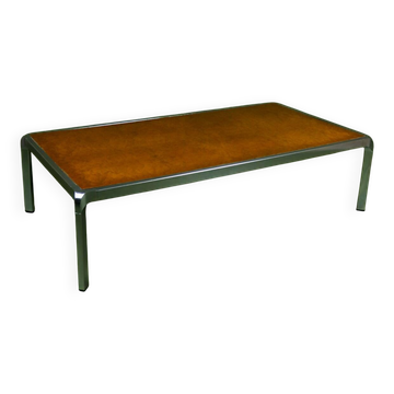 Table basse vintage années 70 en chrome et bois de loupe
