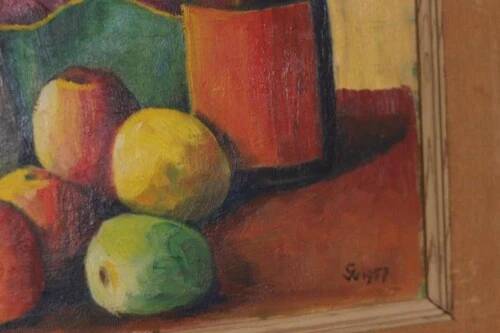 Swedish Oil on Board “Still Life with Jug,Bottle and Fruit” By CW Framed 60×51cm