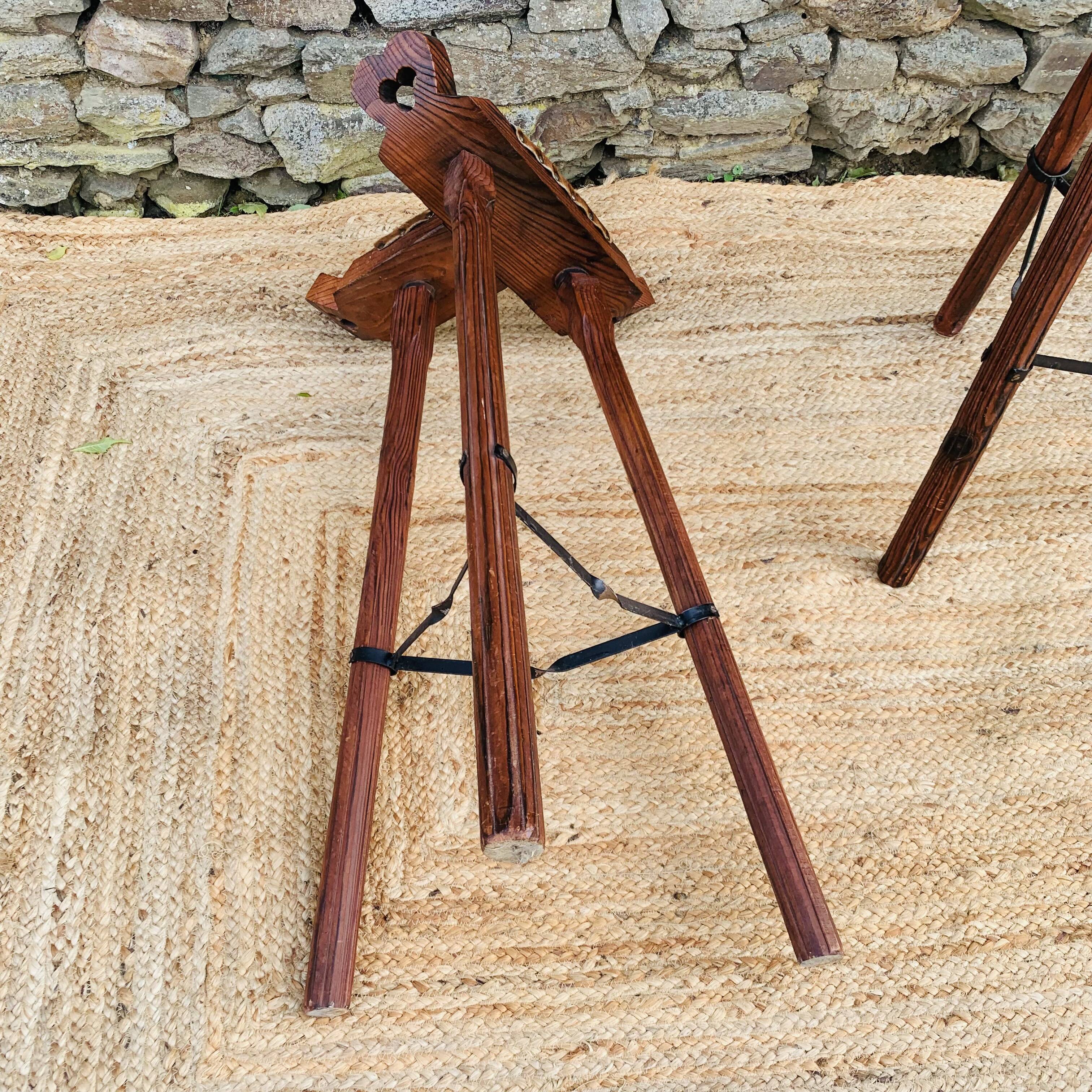 Set of 2 vintage high stools in cowhide and wood
