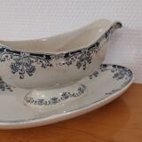 Saucière sur pied en terre de fer bleu/vert modèle "Mignon", H & Cie Sarreguemines