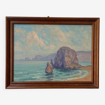 Peinture huile encadrée mer