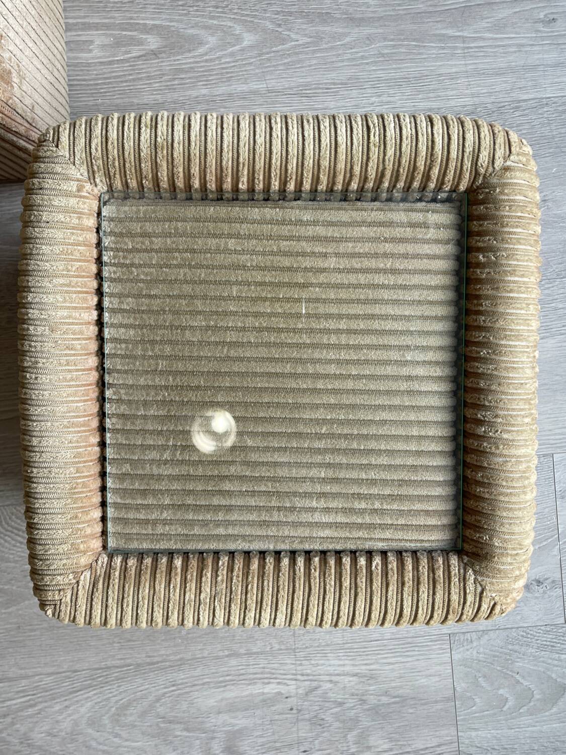 Pair of bedside tables, beige corduroy & glass