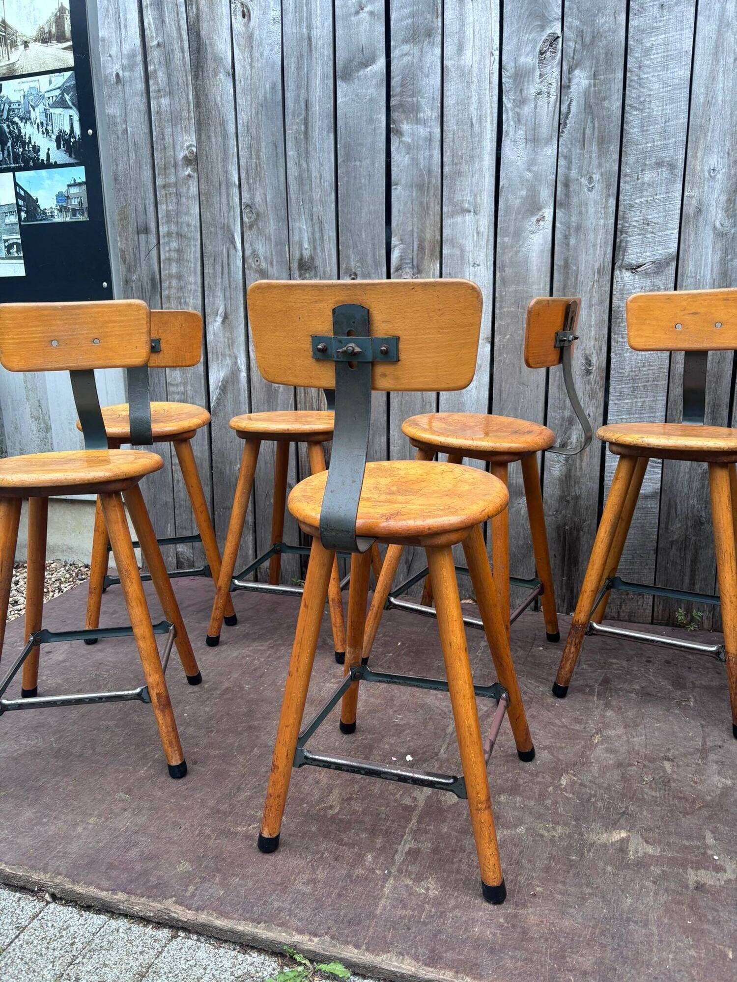 Vintage industrial workshop stool in wood, 1950s