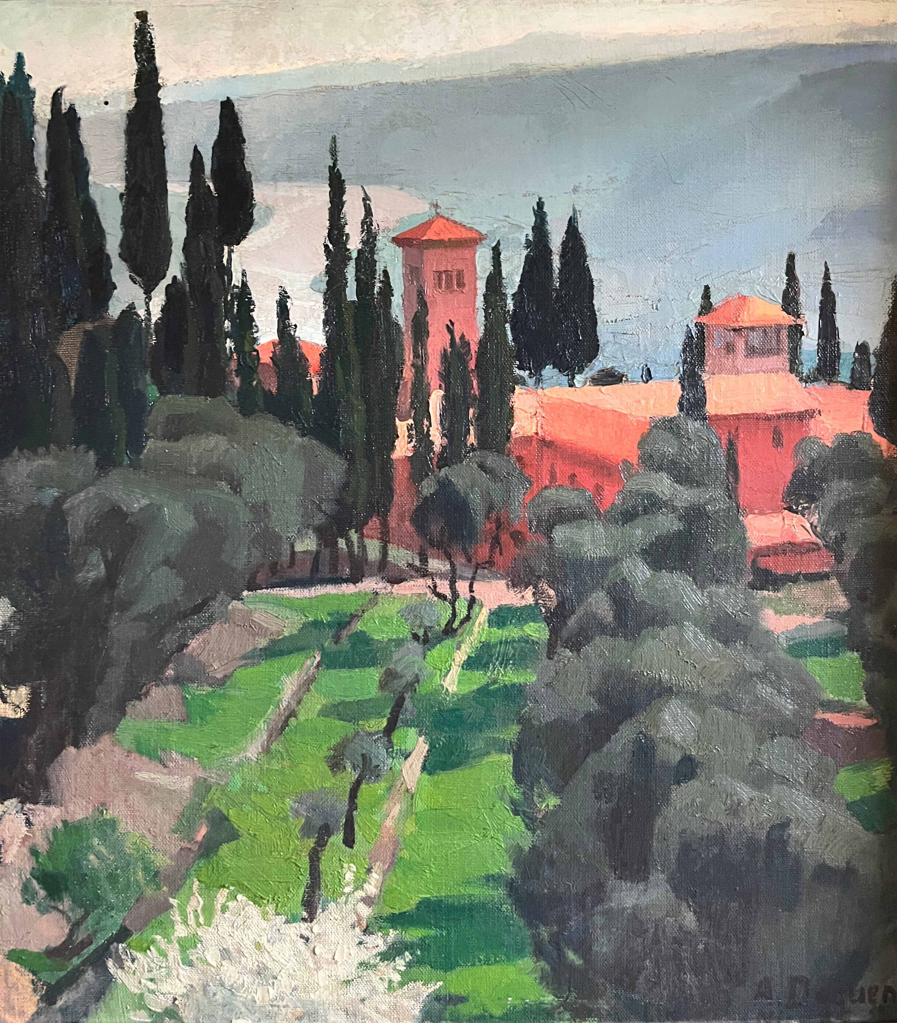 Tableau HSP "Mediterranean Landscape - Nice" 1935 Villa signed A. Deguene