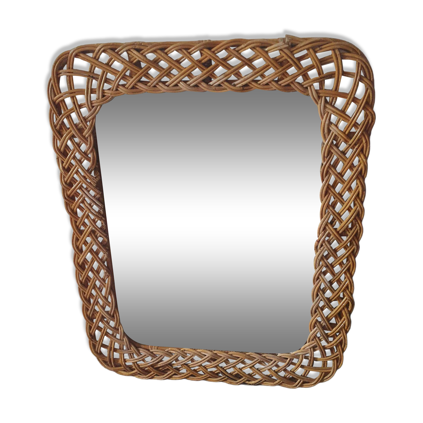 large vintage mirror in woven rattan 66 86 cm with some defects