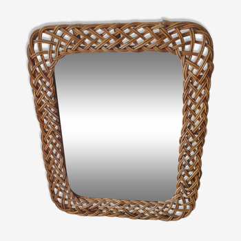 large vintage mirror in woven rattan 66 86 cm with some defects