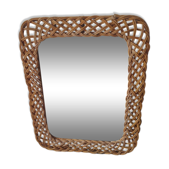 large vintage mirror in woven rattan 66 86 cm with some defects