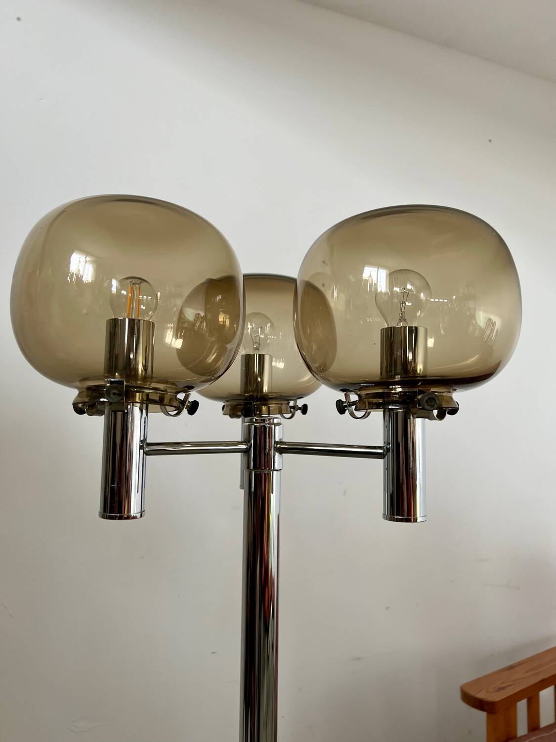 Old 3-light chrome and smoked glass floor lamp Italian design from the 70s vintage