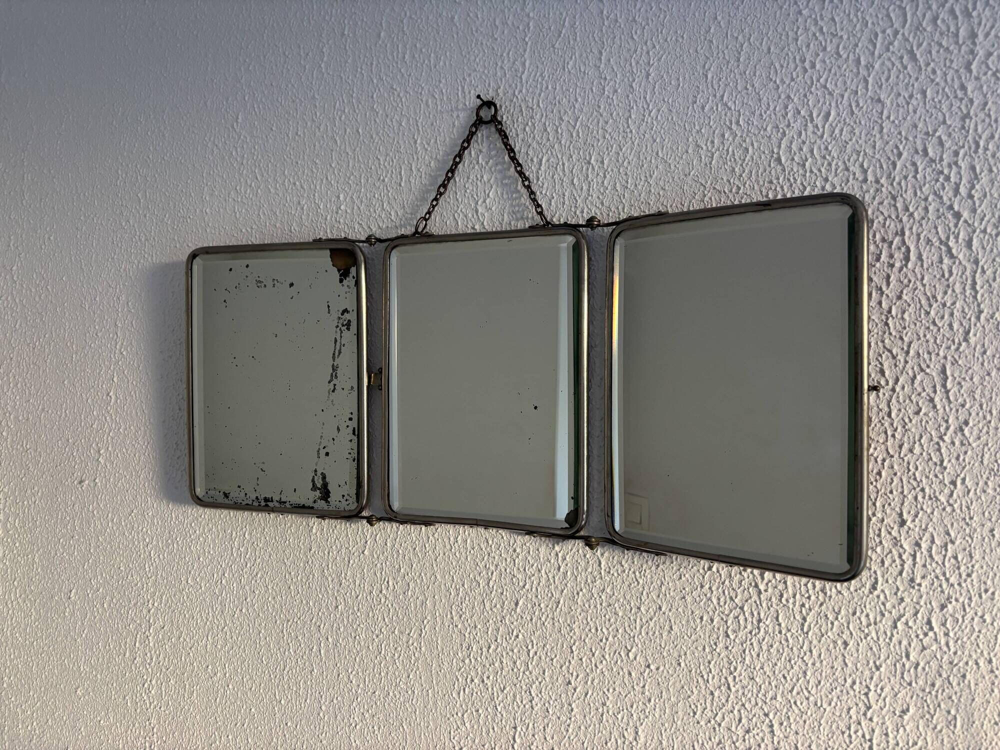 Vintage 1950 triptych mirror barber beveled crystal hairdresser - 25 x 59 cm