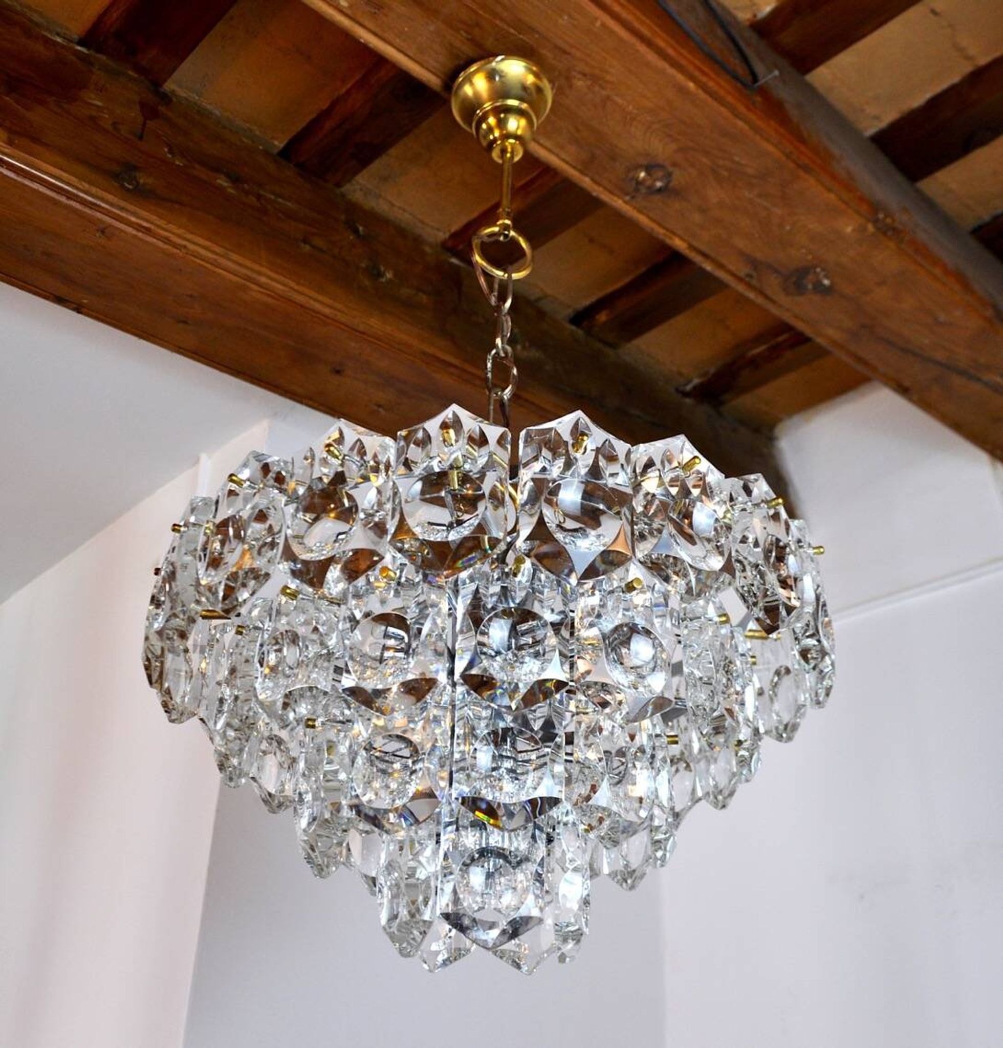 Kinkeldey golden chandelier, cut glass, 4 levels, Germany, 1970