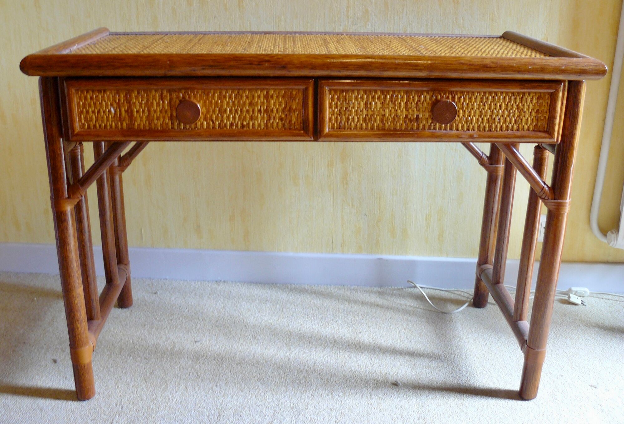 Dressing table and its bamboo and rattan seat Roche Bobois Maugrion vintage 1970-80