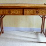 Dressing table and its bamboo and rattan seat Roche Bobois Maugrion vintage 1970-80