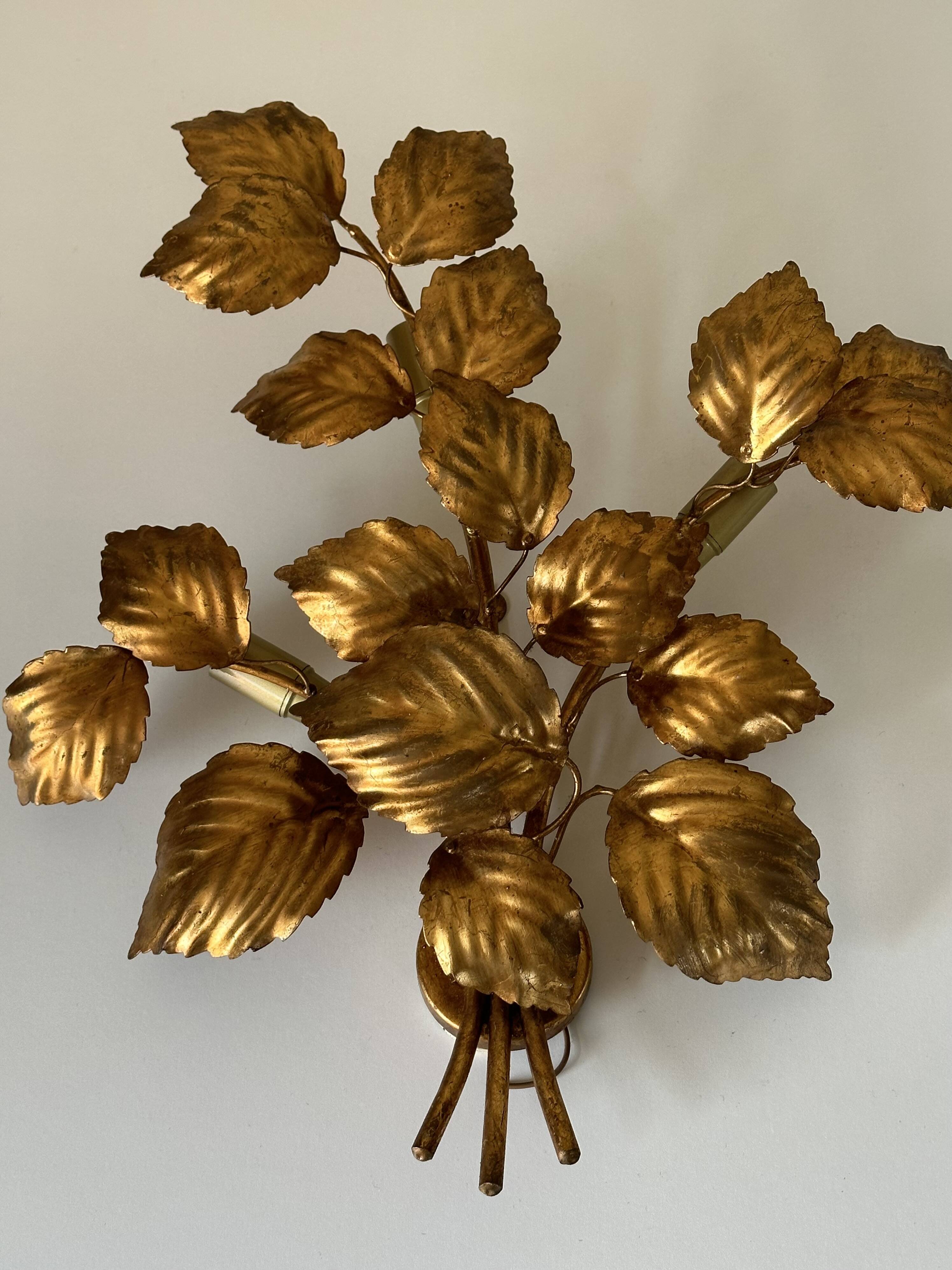 Large golden leaf wall lamp vintage design 70s