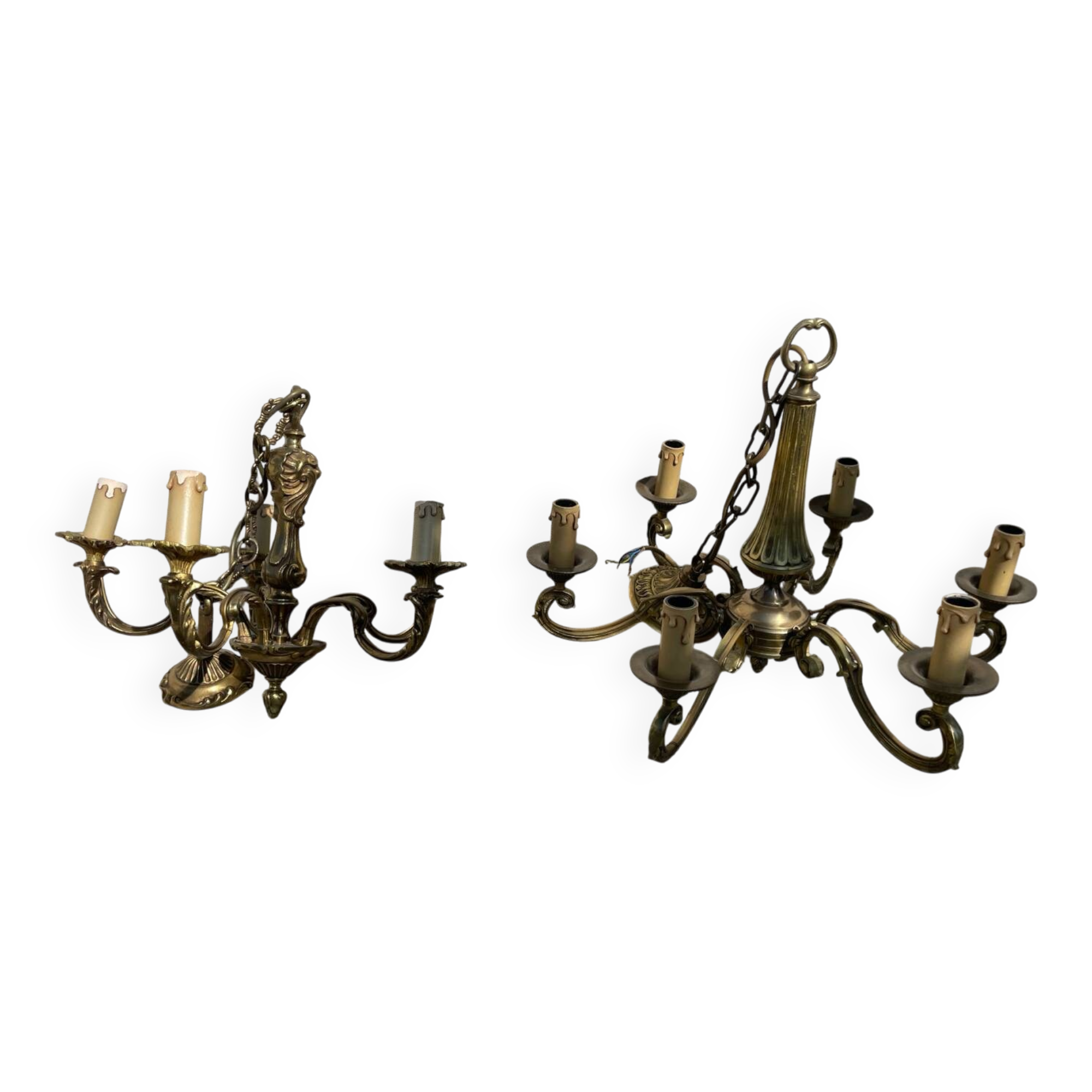 2 Louis XV brass chandeliers with 5 and 6 bulbs