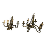 2 Louis XV brass chandeliers with 5 and 6 bulbs