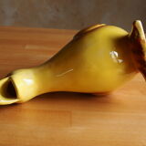 Ceramic watering can in white earthenware, yellow enamel and bird shape