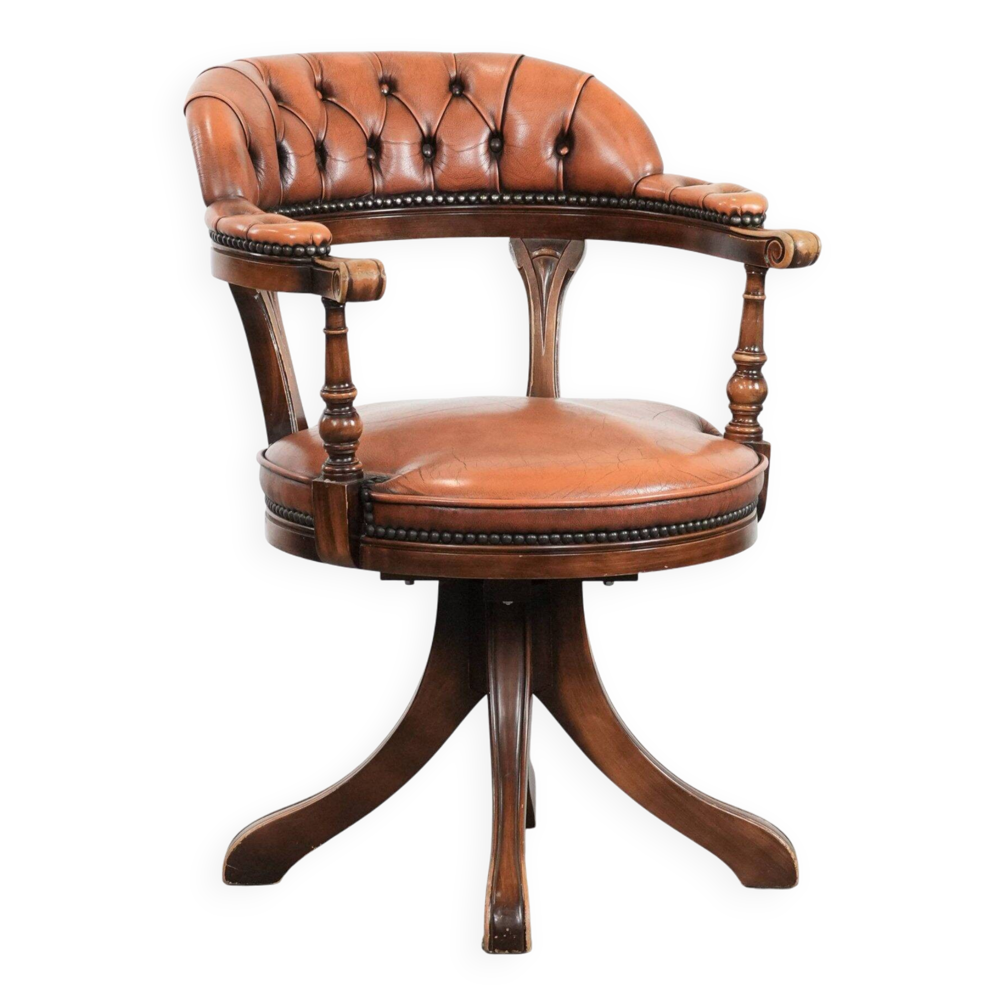Classic and timeless cow leather and wooden Chesterfield office chair