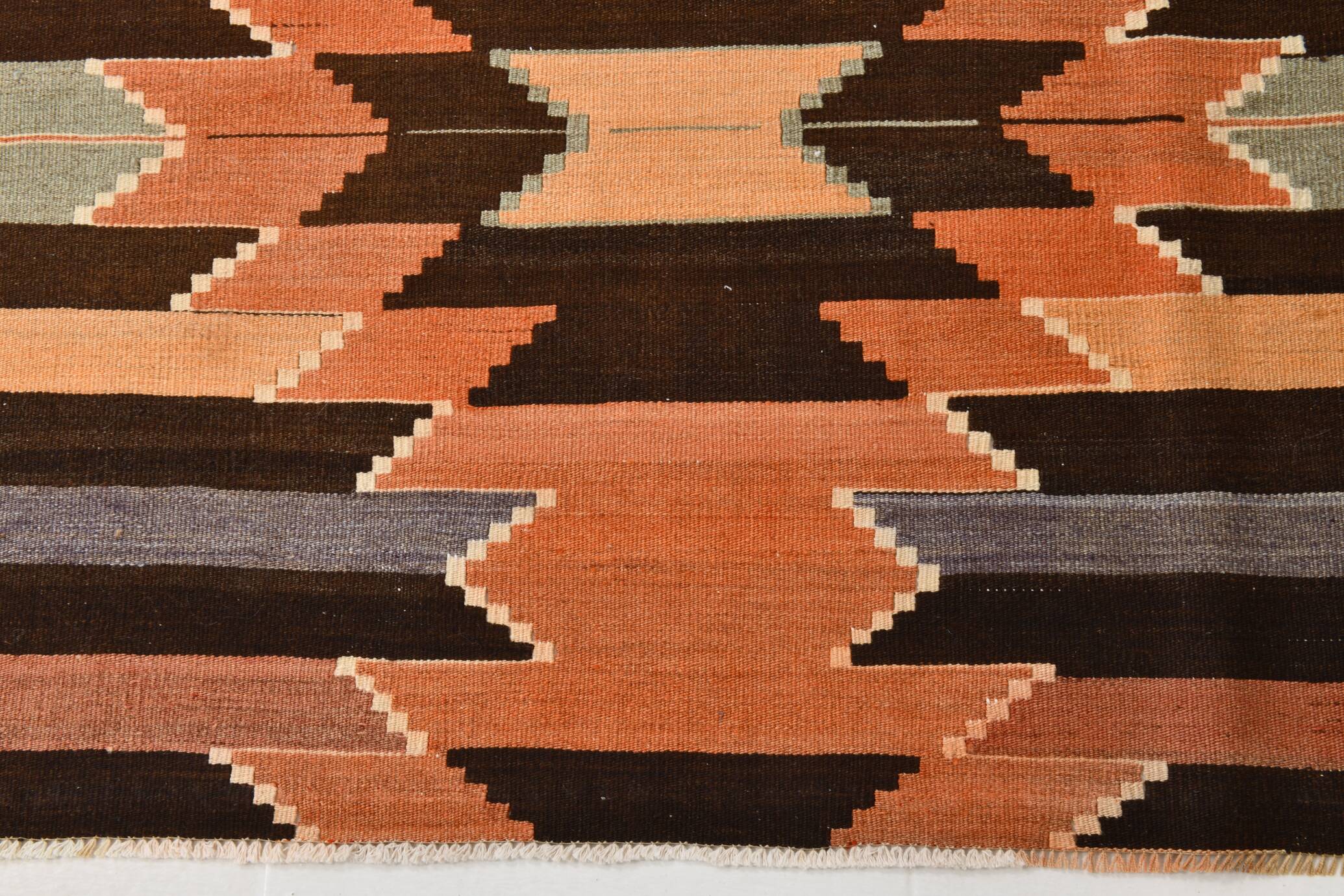 3x10 Orange  Brown Geometric Kilim Runner Rug, Handmade Wool Rug, 108x297Cm