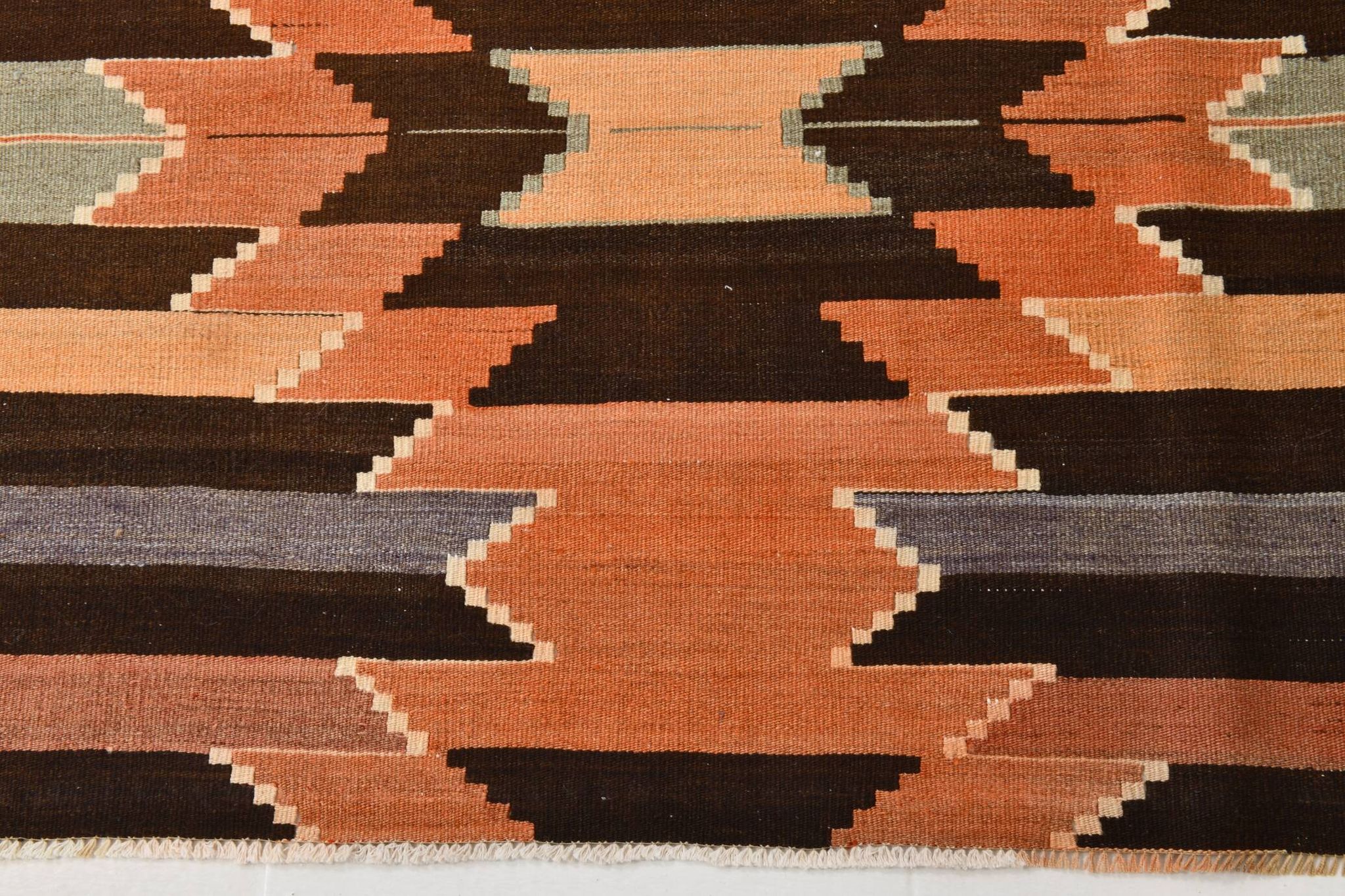 3x10 Orange  Brown Geometric Kilim Runner Rug, Handmade Wool Rug, 108x297Cm