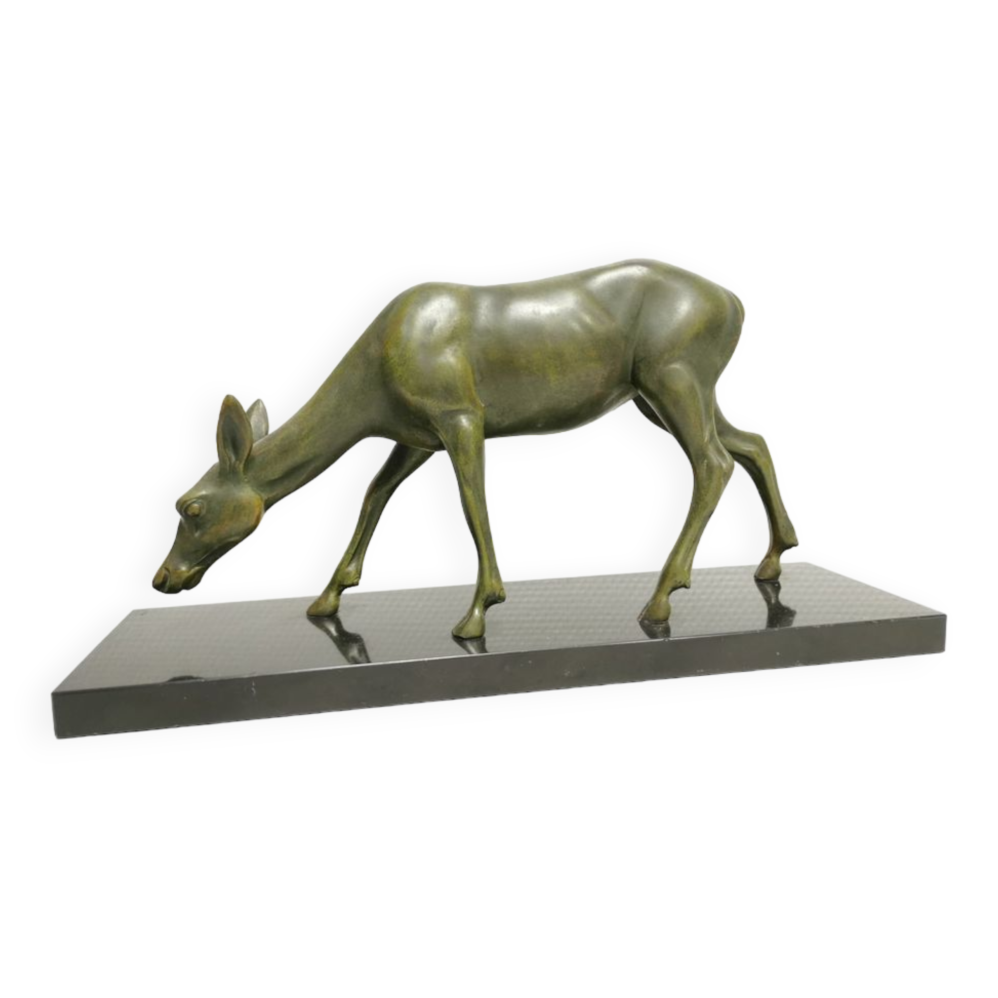 élégante Statue Art Déco Biche Régule patine verte