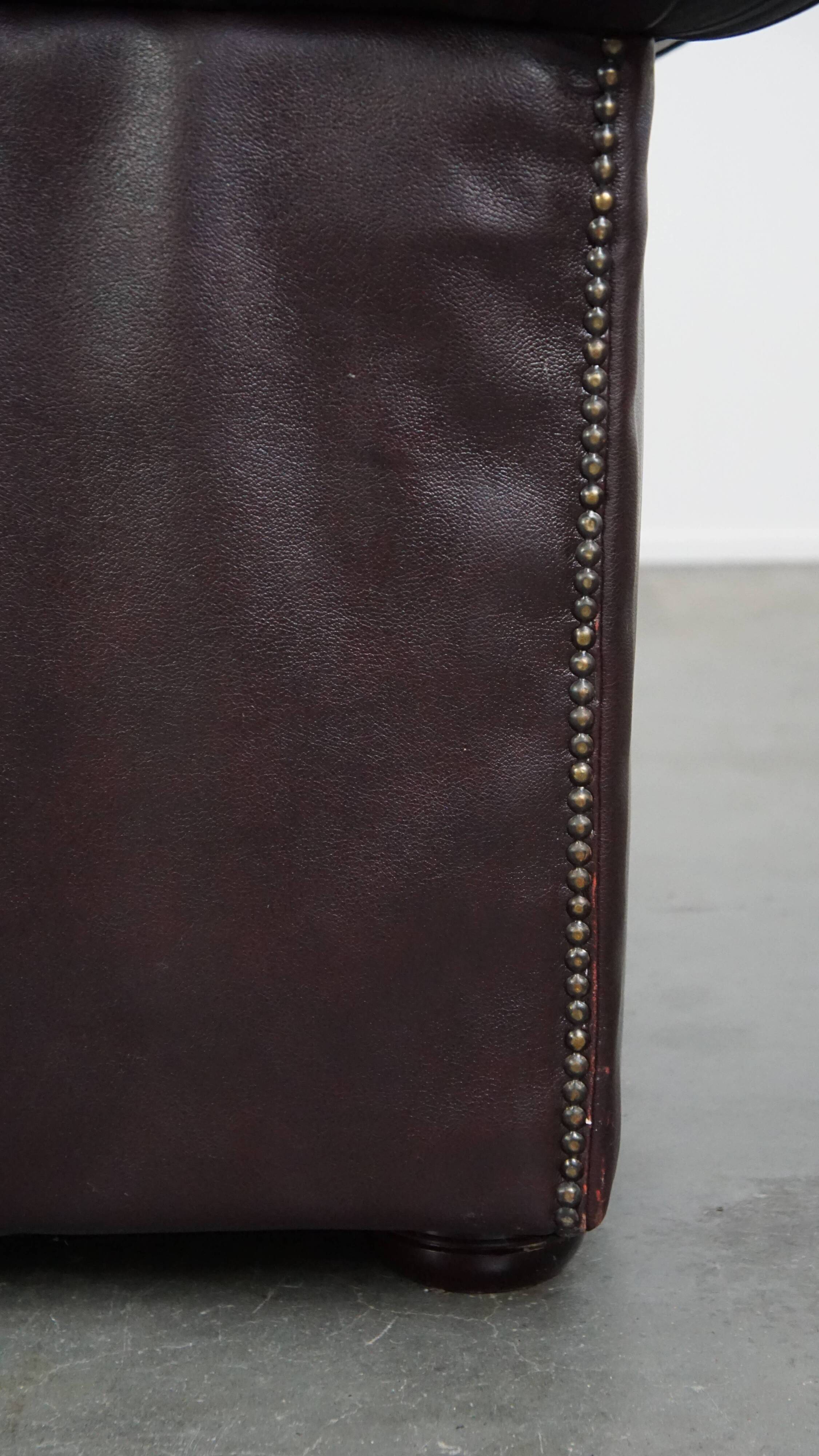 2.5-seater Chesterfield sofa in dark red flamed cowhide leather