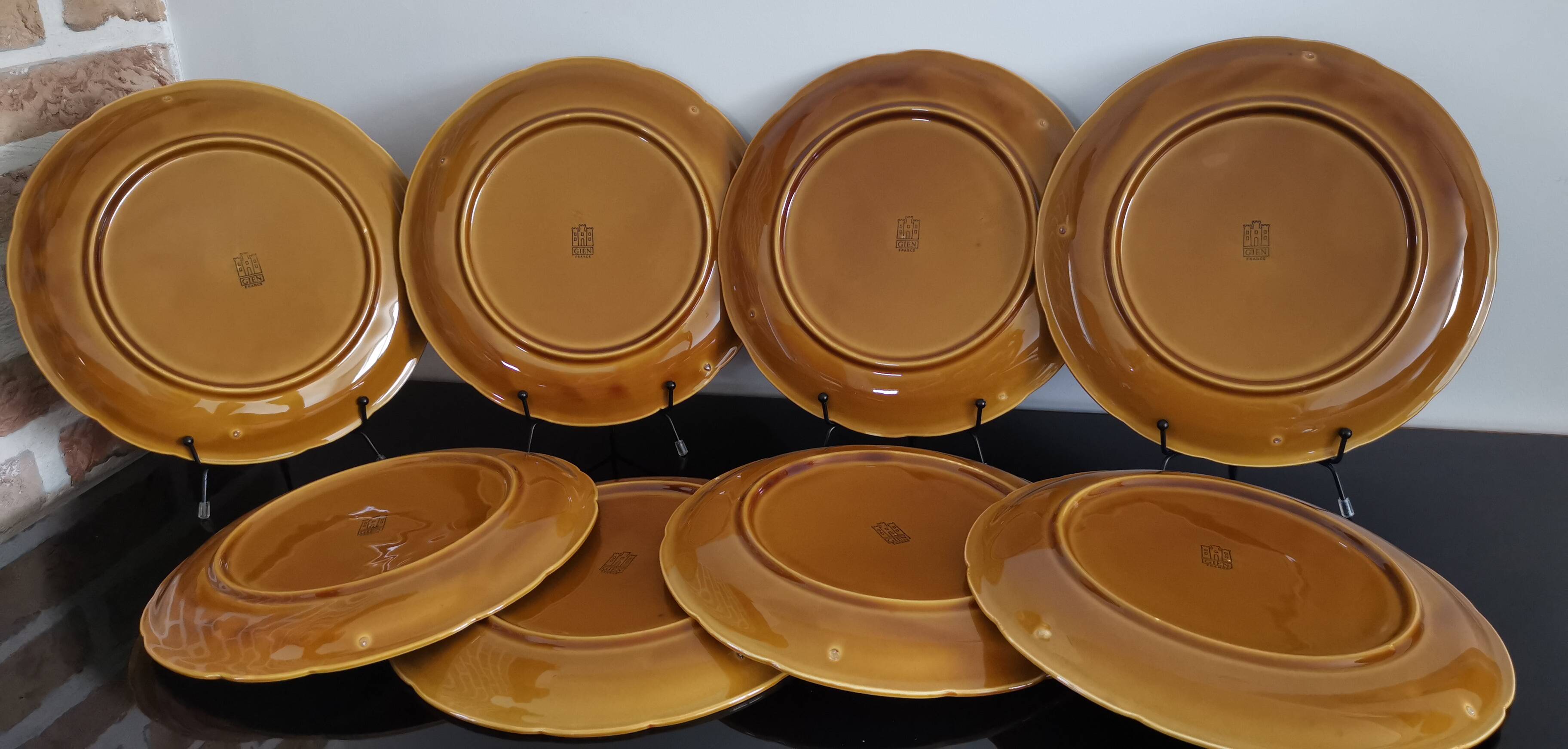 8 vintage Gien France asparagus plates in glazed brown slip