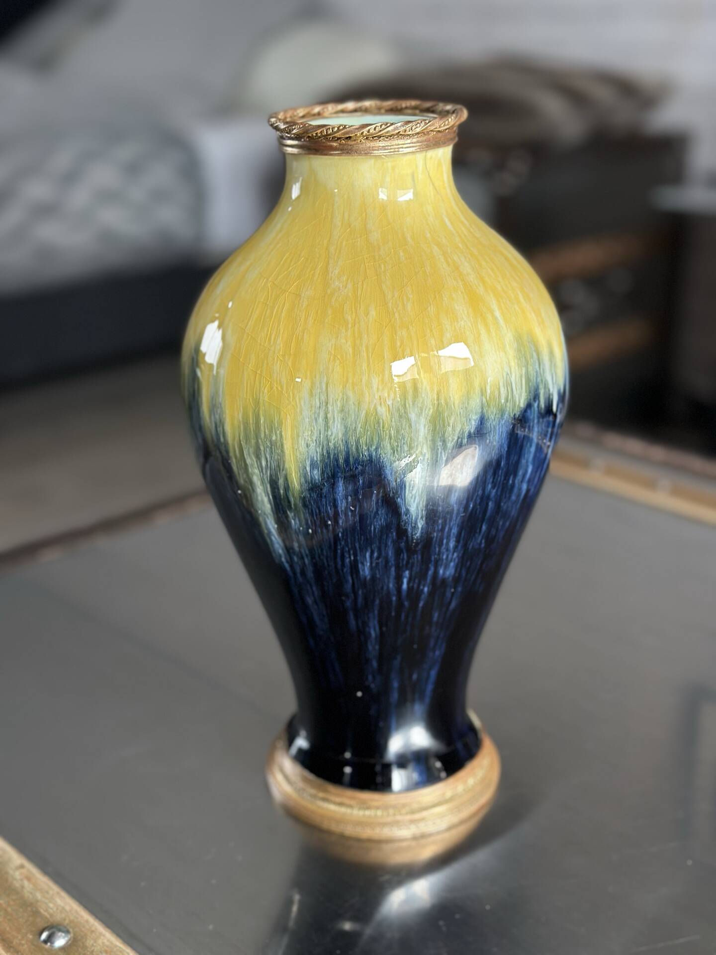 Art Deco vase in yellow and blue flamed earthenware - Shape 485, circa 1930