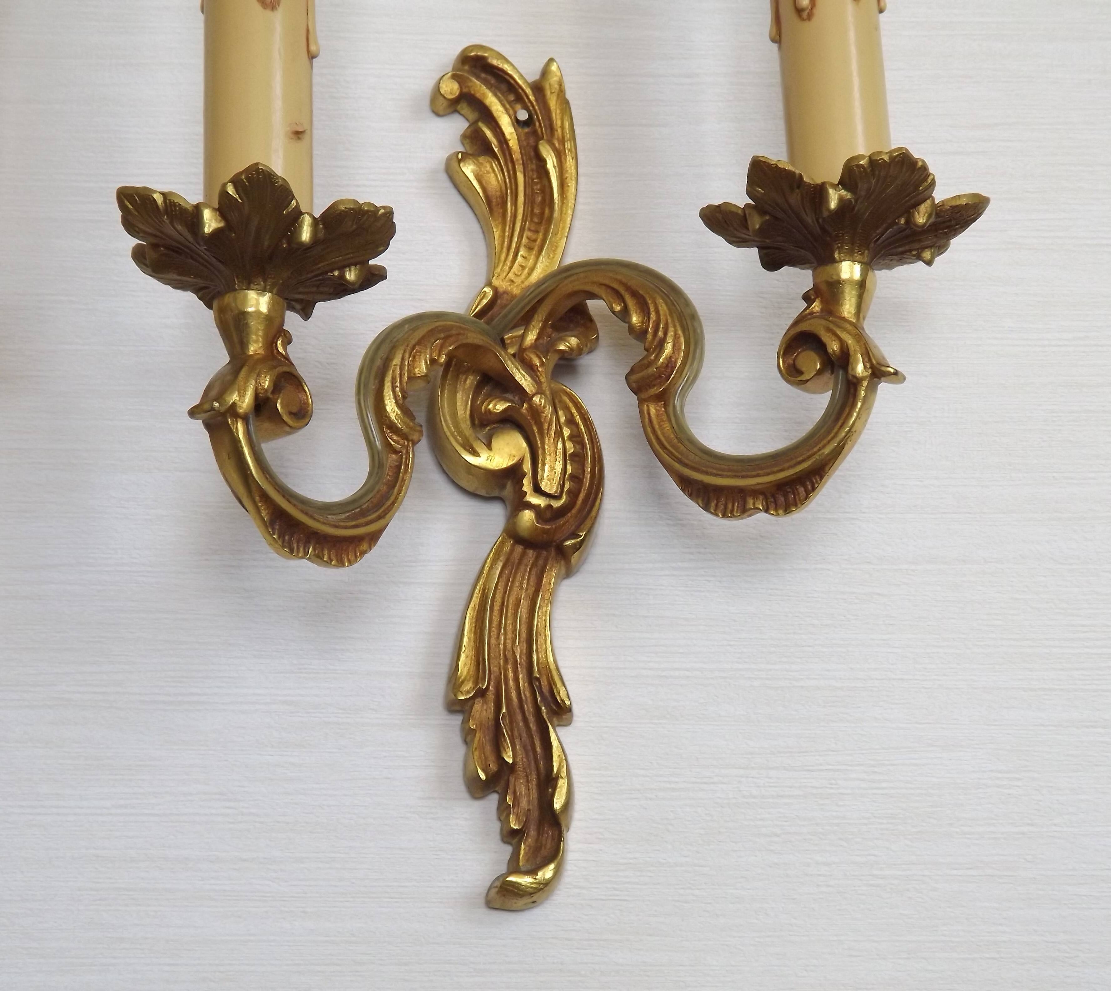 Stylish Vintage French Bronze Double Wall Sconces with Acanthus Leaf Detail
