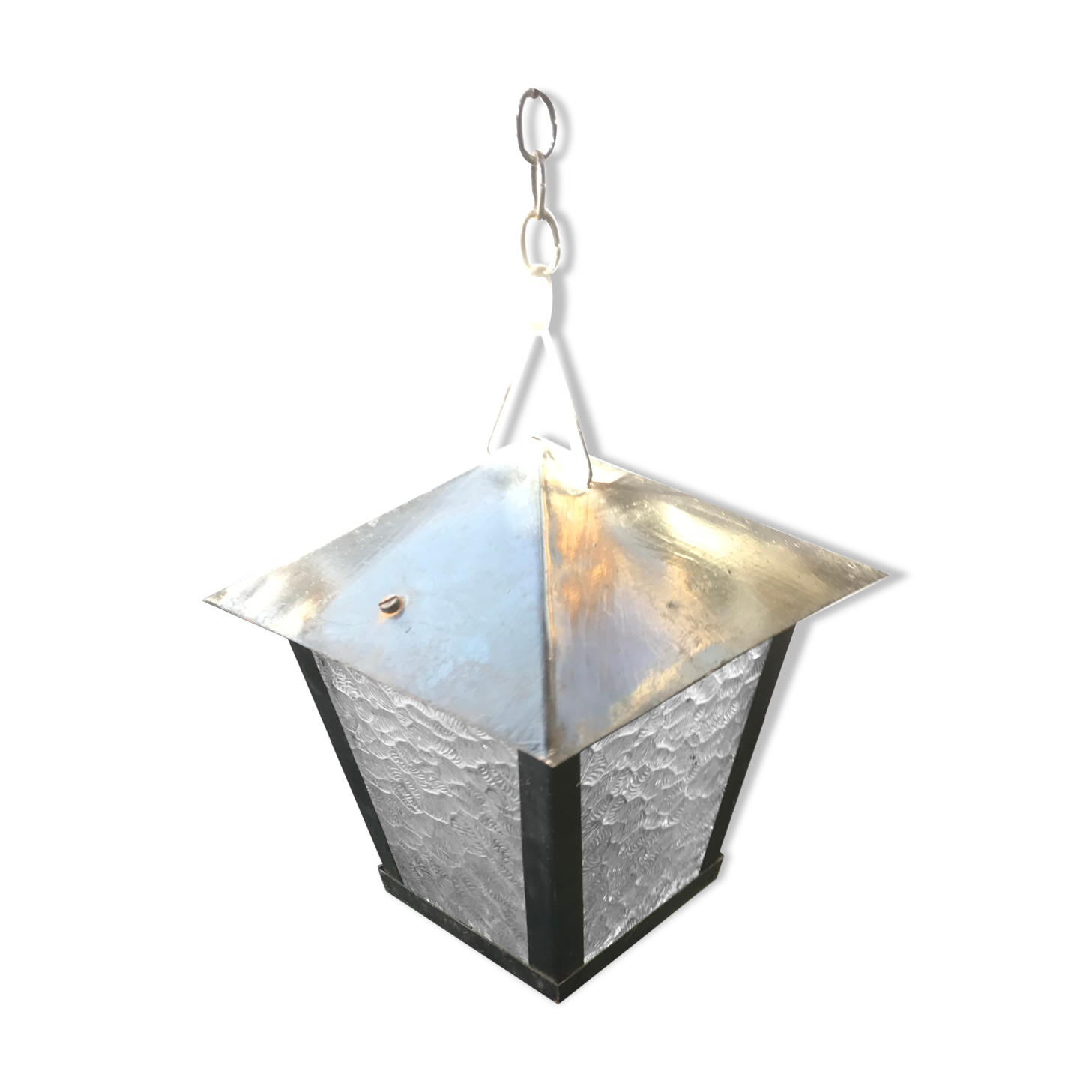 Suspension Old Lantern Metal Black - Vintage 70s Moulded Glass