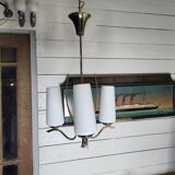 Vintage 3-light brass chandelier in opaline from the 60s