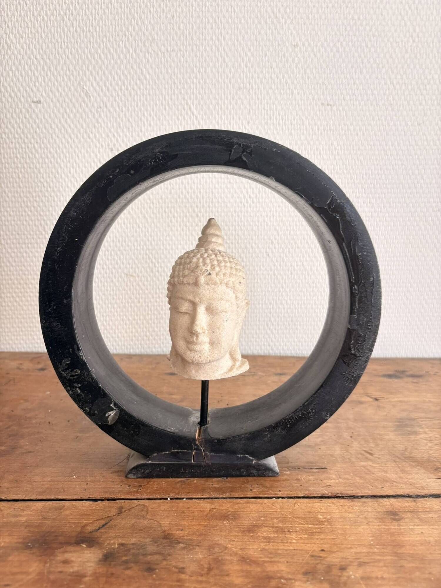 Sculpture Buddha Head in Reconstituted Stone on Khmer Thai Ring Base