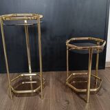 Pair of Stools / Hexagonal Side Tables – Brass & Smoked Glass – 70