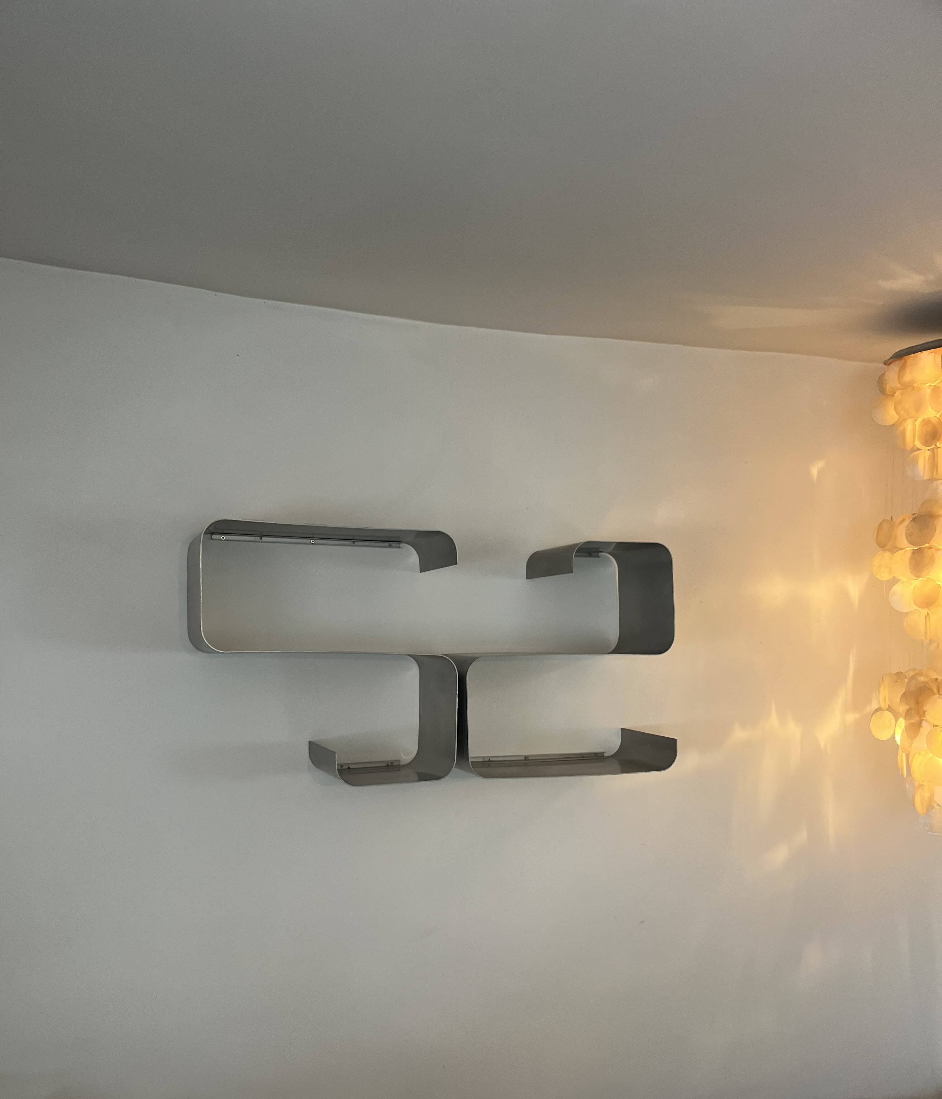 Pair of brushed aluminum shelves, 1970s