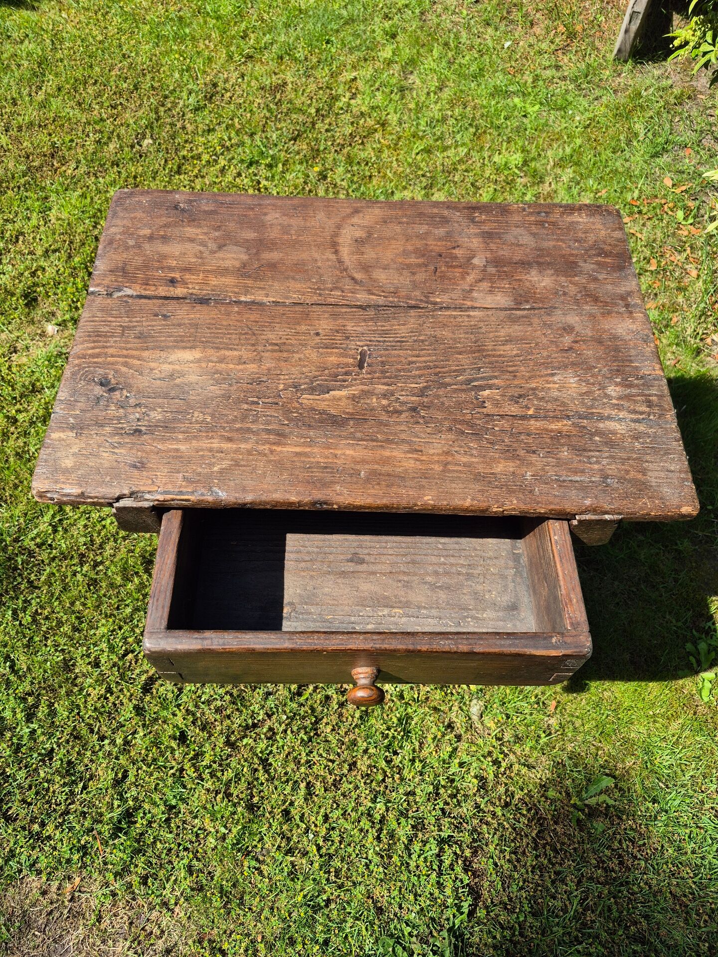 Antique Spanish side table pine rustic pay table with drawer