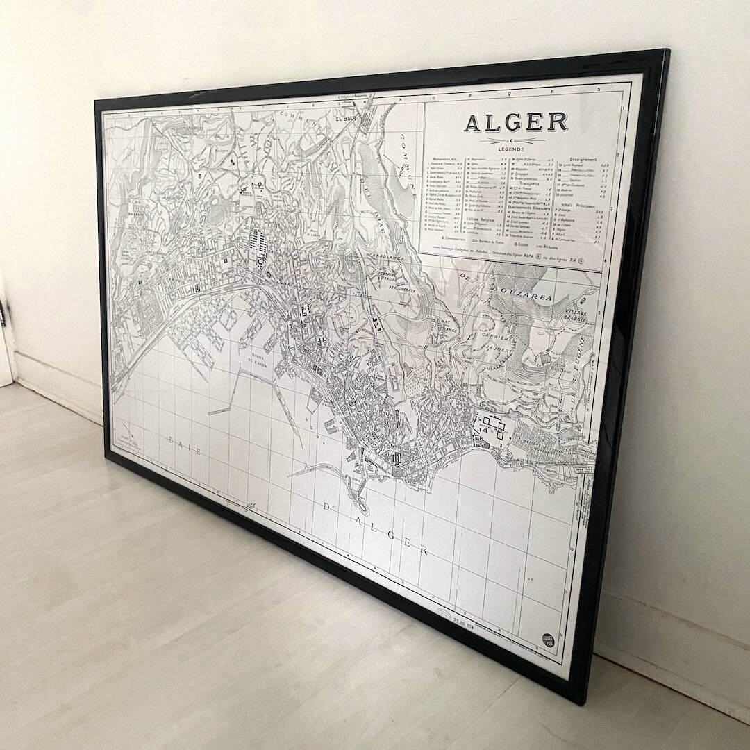 Vintage map of Algiers 1958, framed in wood and glass.