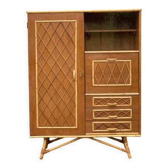 Armoire rotin et pieds compas 1960