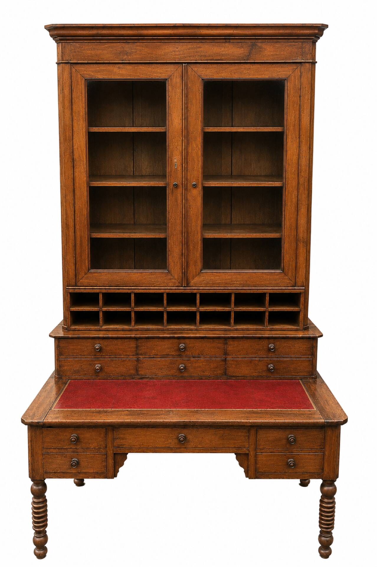 Large library desk with display cabinet and secretary with drawers, 19th century French.