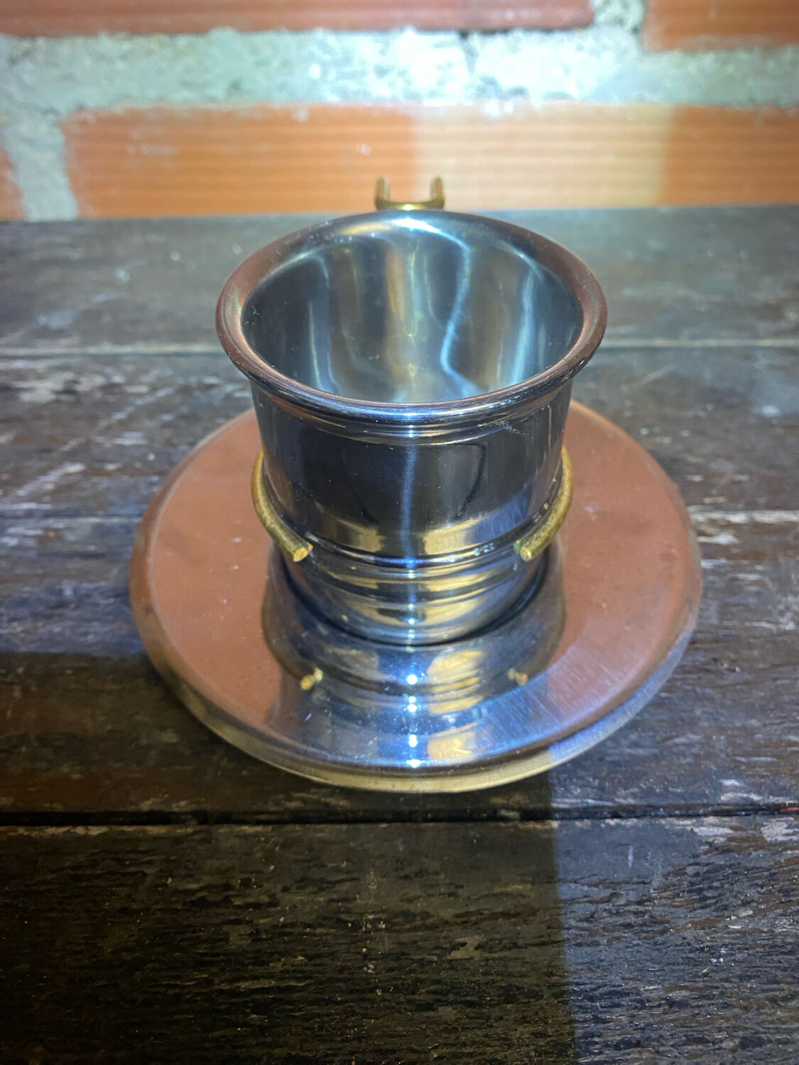 Old Pair of Stainless Steel Cup + Golden Metal Handle Made in ITALY Vintage #D46