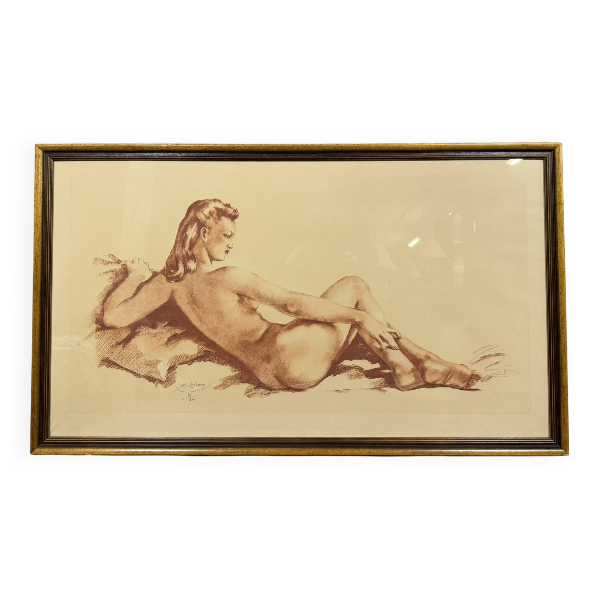 Painting / nude by Mr. Sylvain: red chalk from the Art Deco period signed around 1940